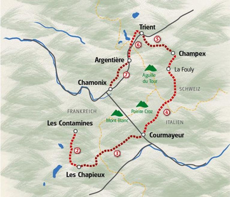 מפת הטיול טור מון בלאן בשוויץ, איטליה וצרפת